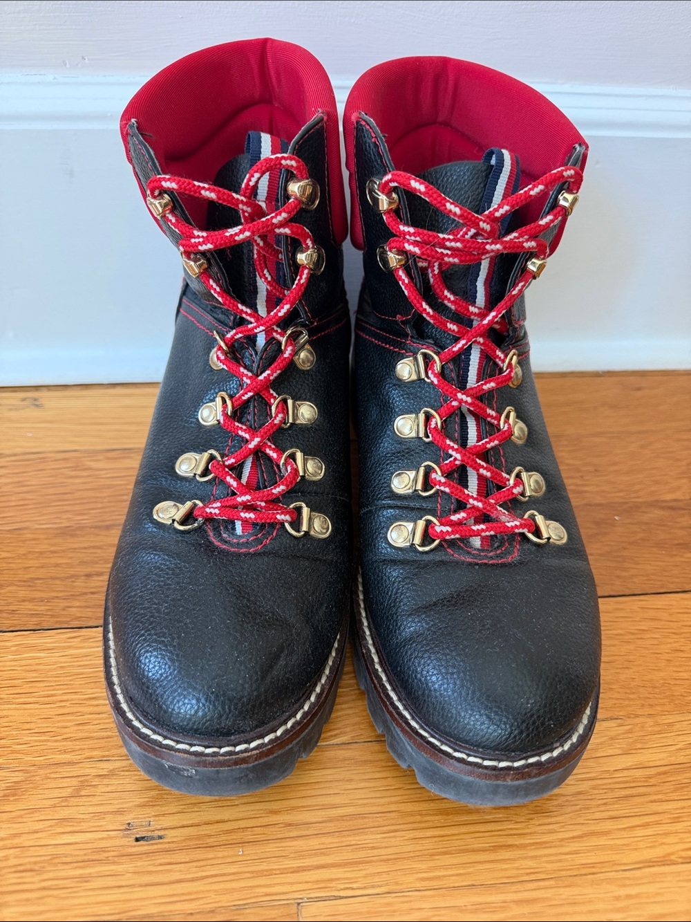 Black Faux Leather Hiking Boots with Red Accents by Tommy Hilfiger, size 8.5
